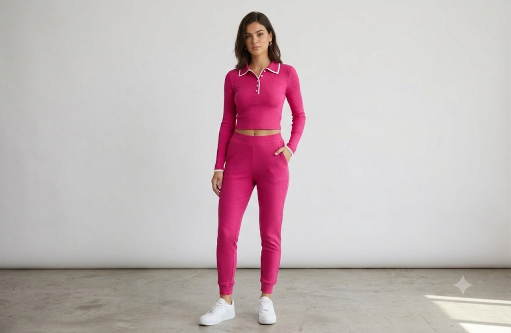 36Points Fuschia Lightweight Open Knit texture 2 Piece Set
