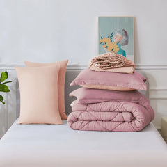 HIG 7 Piece Washed Microfiber All Season Comforter Set - GREEN AND PINK