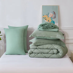 HIG 7 Piece Washed Microfiber All Season Comforter Set - GREEN AND PINK