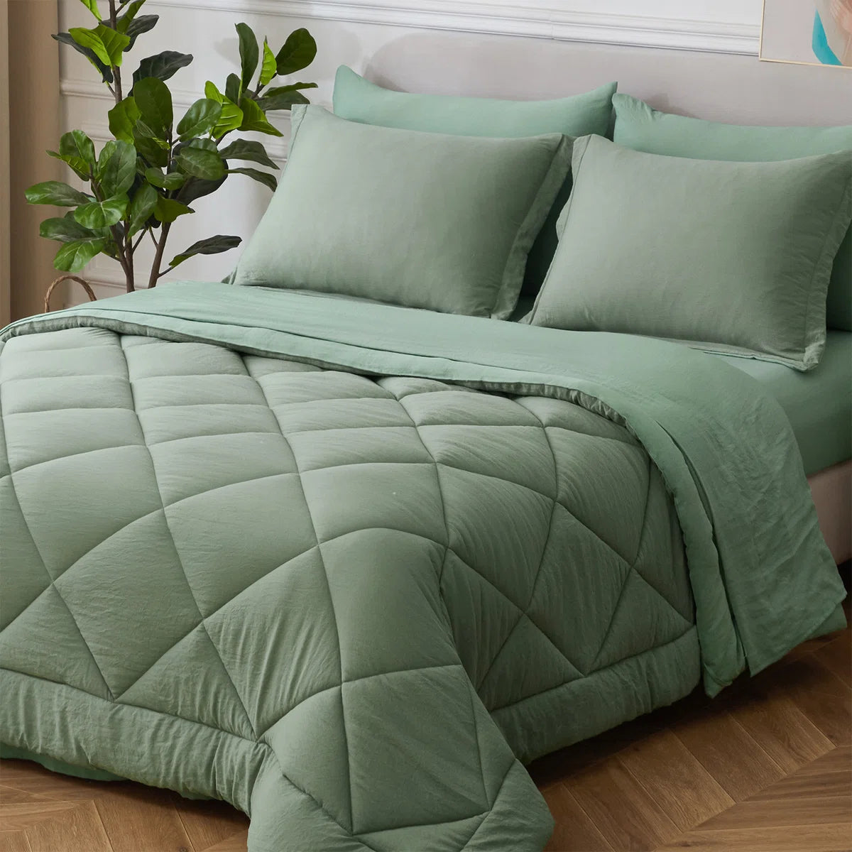 HIG 7 Piece Washed Microfiber All Season Comforter Set - GREEN AND PINK