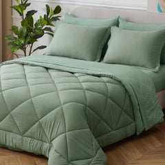 HIG 7 Piece Washed Microfiber All Season Comforter Set - GREEN AND PINK