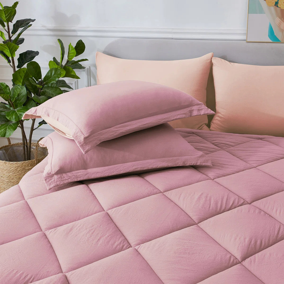 HIG 7 Piece Washed Microfiber All Season Comforter Set - GREEN AND PINK
