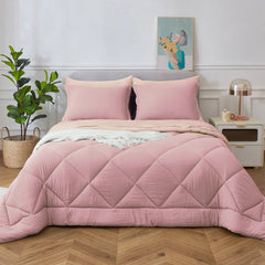 HIG 7 Piece Washed Microfiber All Season Comforter Set - GREEN AND PINK