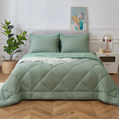 HIG 7 Piece Washed Microfiber All Season Comforter Set - GREEN AND PINK