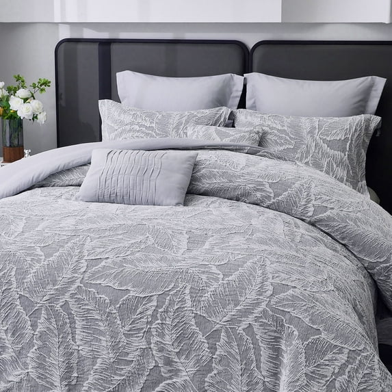 HIG 7-Piece Gray Leaf Chenille Jacquard Comforter Set
