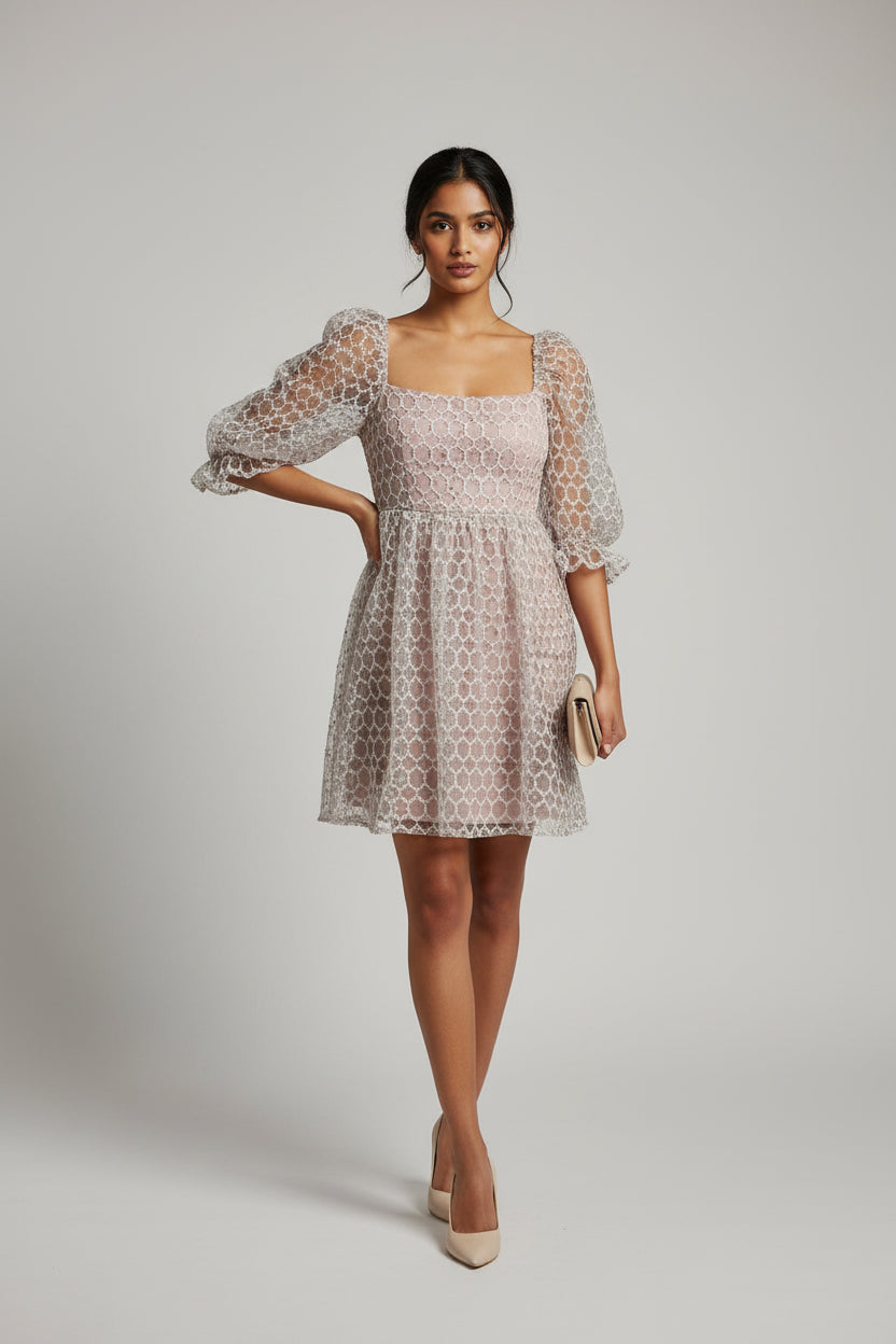 Astoria Dusty Pink Floral Embroidered Lace Babydoll Mini Dress