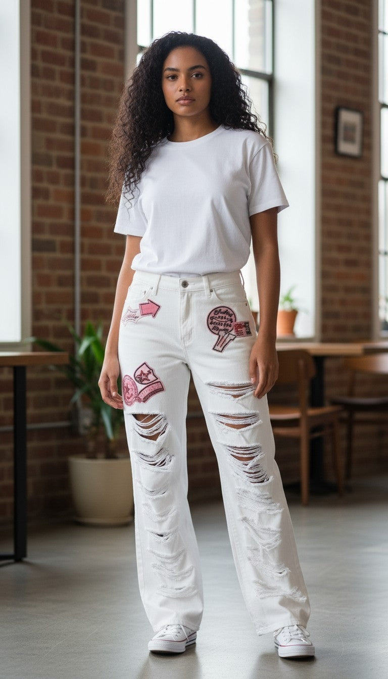 Hot and Delicious White Distressed Jeans with Prominent Pink Embroidered Patches