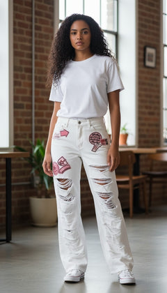 Hot and Delicious White Distressed Jeans with Prominent Pink Embroidered Patches