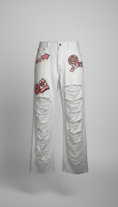Hot and Delicious White Distressed Jeans with Prominent Pink Embroidered Patches