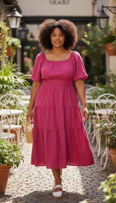 Magenta Ruffle Pleated Summer dress