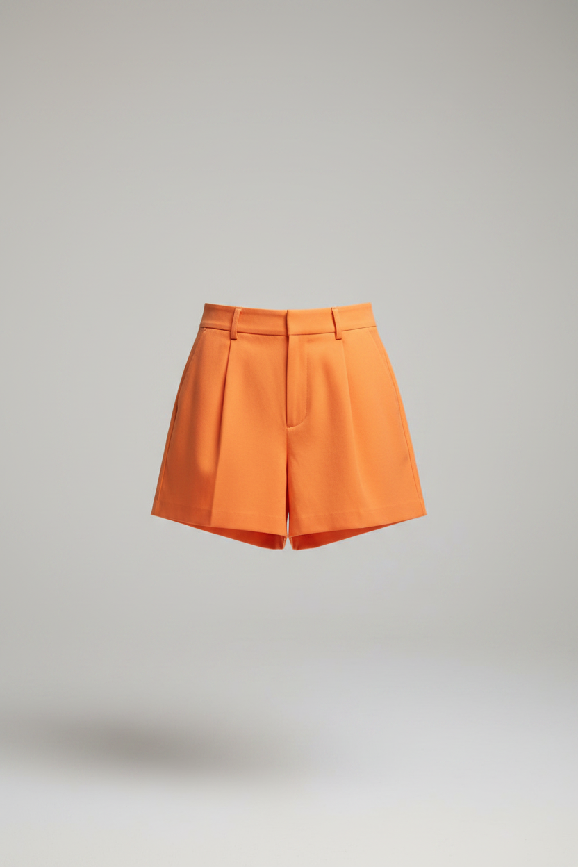 Orange Pleated Front Twill Shorts By Cloud Ten