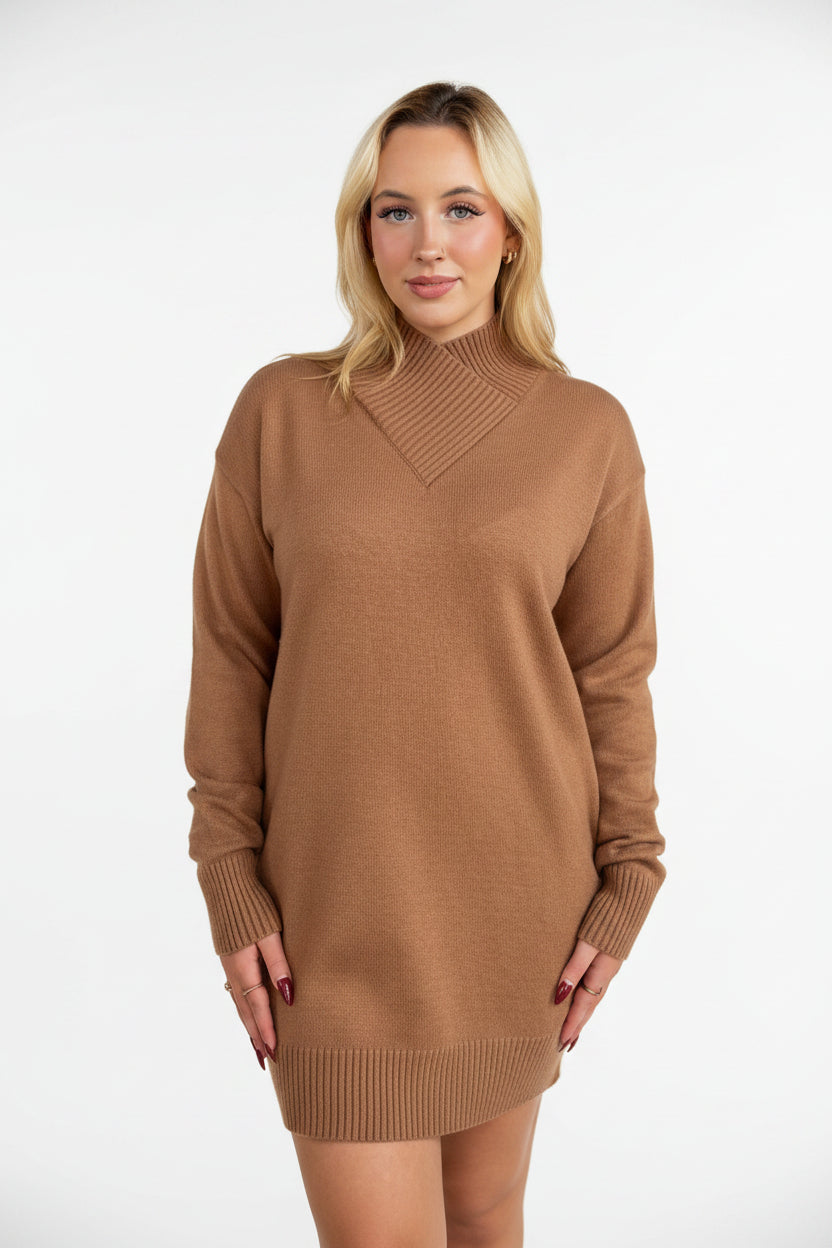 Heyson Camel-Colored Mock Neck Sweater Mini Dress