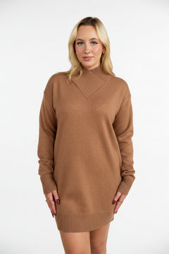 Heyson Camel-Colored Mock Neck Sweater Mini Dress