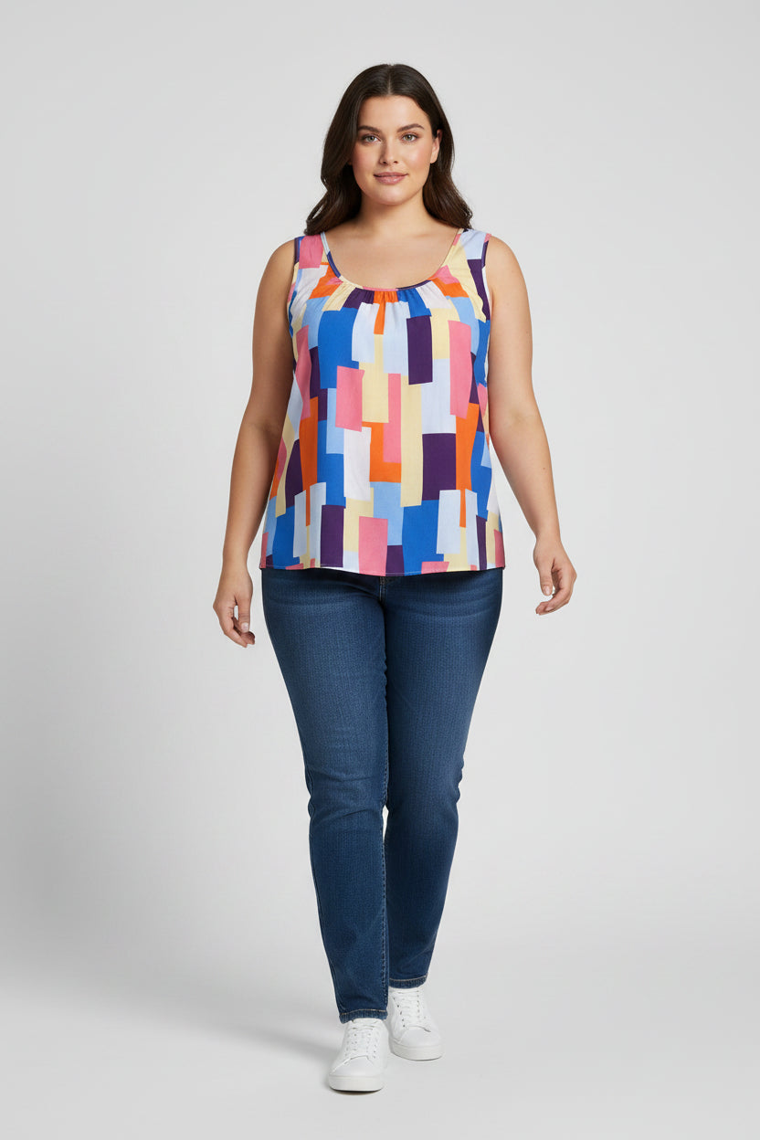 Emily Wonder Sleeveless Vibrant Geometric Pattern Colorful Tank